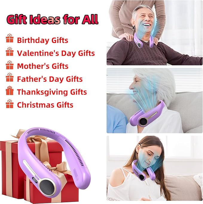 Portable Neck Fan, Personal Wearable Bladeless Fan, 6000mAh USB Rechargeable, 360° Airflow, LED Display, 4-Speeds, Hands Free Fan for Outdoor Indoor, Birthday Gifts for Men Women Dad Mom (Purple)