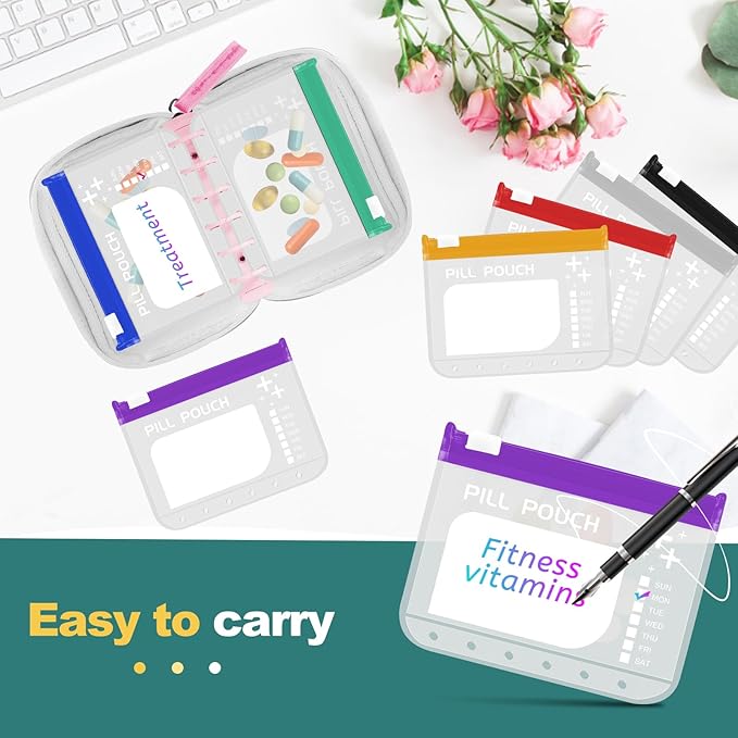 A7 Waterproof Pill Organizer with 7 PCS L Size Zippered Pill Pouches for A7 Binder, Large BPA-Free Weekly Medicine Organizer, Color-Coded Reusable Travel Pill Storage System