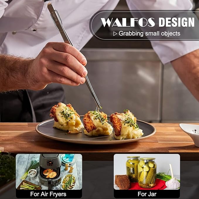 WALFOS Tweezer Tongs for Cooking, Kitchen Tweezers Stainless Steel Pasta Tweezers Tongs for Cooking, Roasting, Grabbing Small Objects, Dessert, BBQ, Spaghetti 3 Pcs (8+10+12-Inch)