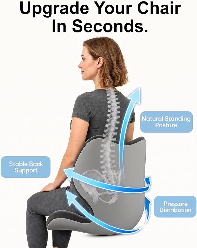 Civa Ergonomic Seat Cushion for Office Chair - Back Support Extra Thick Premium Memory Foam,Posture Support Cushion for Work&Driving Office Chair Cushion, Long Sitting Comfort