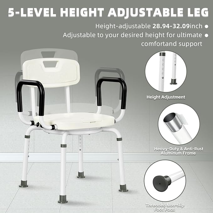 4 in 1 Bedside Commode for Seniors,Portable Toilet for Adults with Arms & Removable Bucket,Height Adjustable Commode Chair for Toilet，Swivel Shower Chair for Inside Shower for Handicapped, Adults