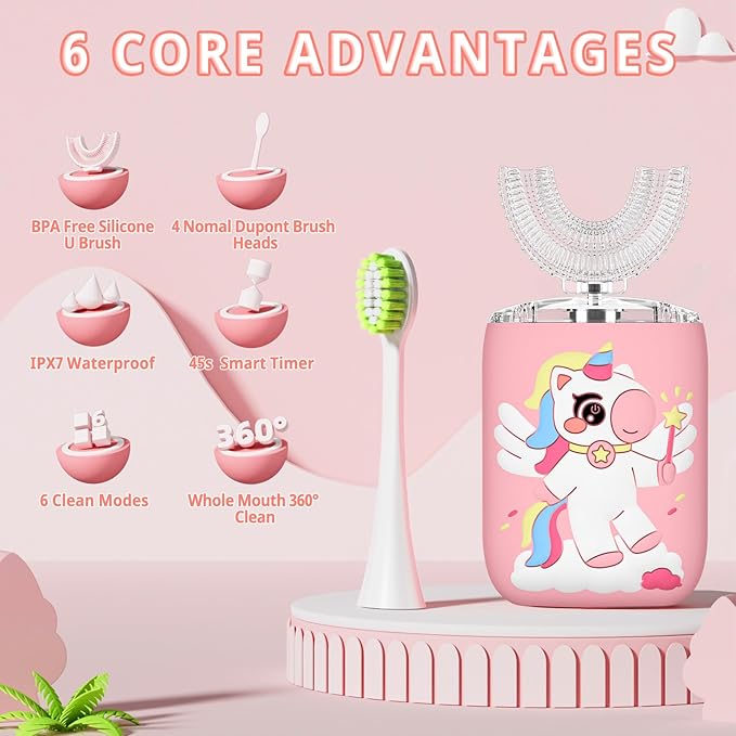 Kids Electric U Shaped Toothbrush, Kids Unicorn Sonic Automatic Toothbrush with 4 Soft Brush Heads with Toothpaste - (Age 2-7, Pink)