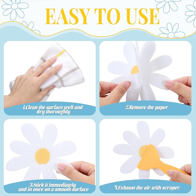 24 Pcs Flower Non Slip Bathtub Sticker Daisy Skidproof Shower Sticker Anti Slip Shower Decals Bathe Treads Adhesive Appliques Scraper Bright Flower Adhesive Decal for Bathroom Decor(White)