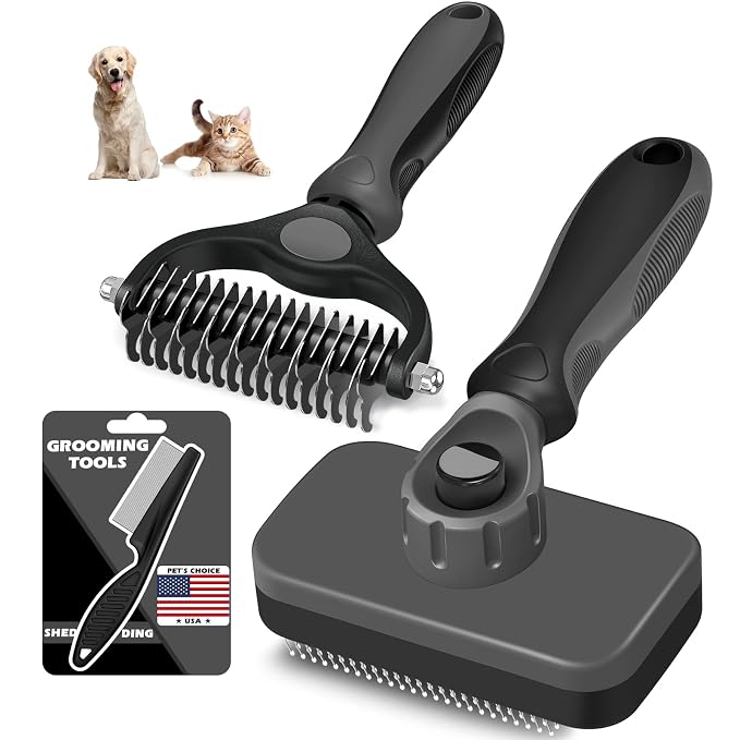 Professional 3PCS Self Cleaning Slicker Brush & Pet Grooming Rake & Flea Comb for Dogs,Cats and Horses | Double-Sided Dematting Comb & Skin Friendly Deshedding Grooming Tool | Pet Supplies (Grey)