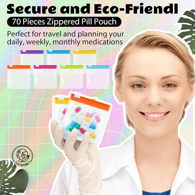 Sherr 70 Pcs Pill Pouch Bag,Slide Lock Medicine Bag for Travel,Bright Style