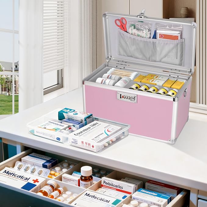 Medicine Box with Combination Lock - 11.2" x 7.6" x 7.6" First Aid Safe Medication Storage Case, Personal Items Safe Case for Hospital & Home & Outdoor 【Pink】