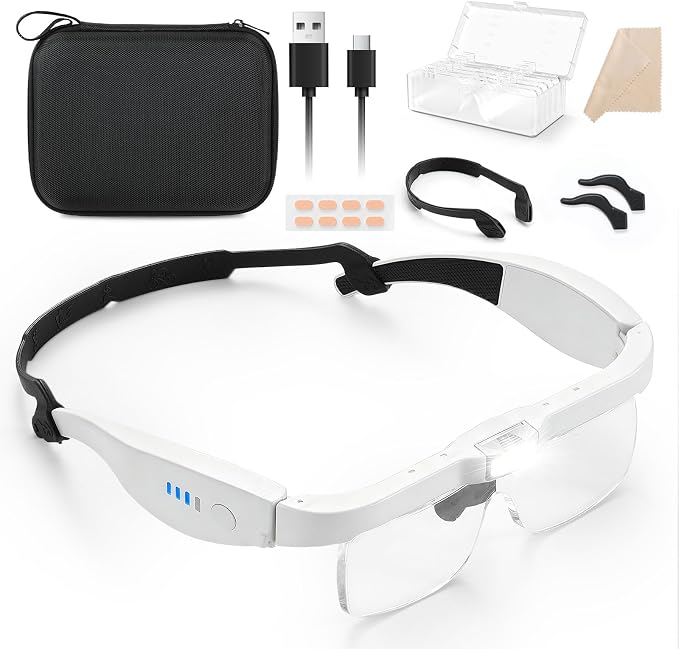 MoKo Magnifying Glasses with Light, 1X-4X Magnifier Headset, White | Hands-free headband magnifier includes 5 detachable lenses, adjustable LEDs and USB-C charging.