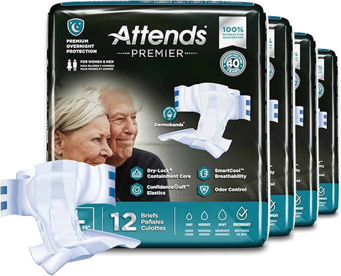 Attends Premier Adult Disposable SmartCool® Briefs, Large, 44-58" High-Rise Waist Tab Closure, Premium Overnight Dry-Lock Protection, Odor Control, 48ct Case