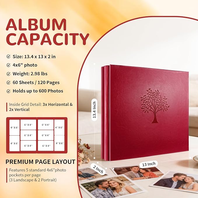 Photo Album 4x6 600 Slip-in Pockets, PU Leather Large Capacity Photo Book | Holds Horizontal & Vertical Photos Acid-Free for Mom Grandma Baby Shower Wedding Anniversary Christmas