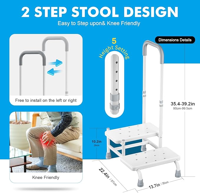 FORTEMOTUS 2 Step Stool with Handle for Elderly - Heavy Duty Bed Steps for High Beds for Adults with Adjustable Handrail &Non-Skid Platform, Foot Stool Ladder for Bedside, Kitchen, Car, RV, Bathtub
