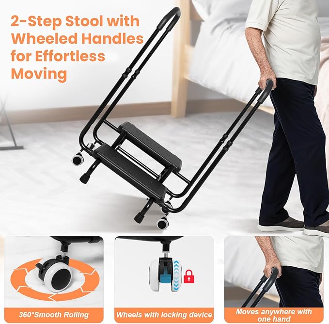 Step Stool with Handle for Elderly Adjustable Dual Handles, 4 Lockable Wheels, Non-Slip Platform Bed Steps for High Beds for Adults, Suitable for Bathtubs and Kitchens, Also Functions as a Foot Stool