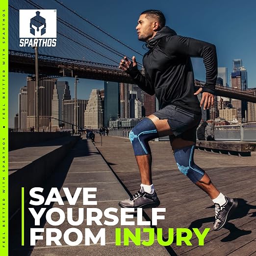 Sparthos Knee Compression Sleeves by (Pair) - Support for Sports, Running, Joint Pain Relief - Knee Brace for Men and Women - Elder ACL PCL Bursitis Meniscus Tear Patella and Runner Knee (Blue-L)