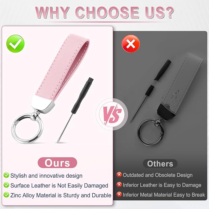 JUSTTOP Leather Keychain, Car Key Chain with Anti-Lost D-Ring and 2 Key Ring, Keychain Wristlet, Car Accessories, Universal Keychain for Men and Women (Pink)