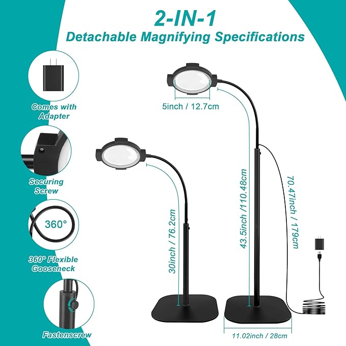 10X 30X Floor Magnifying Glass with Light and Stand, Large 54-LED Dimmable Magnifying Floor Lamp, 2 in 1 Lighted Magnifier for Reading,Close Work,Sewing, Crafts