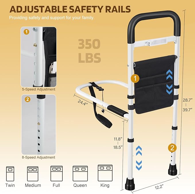 Panta Bed Rails for Elderly Adults Safety, Adjustable Bed Assist Rails for Seniors with Motion Light, Bed Side Rails with Support Legs and Storage Pocket, Portable Bed Cane (Black) | ASTM F3186-17, motion light, support legs, storage pocket, portable b...