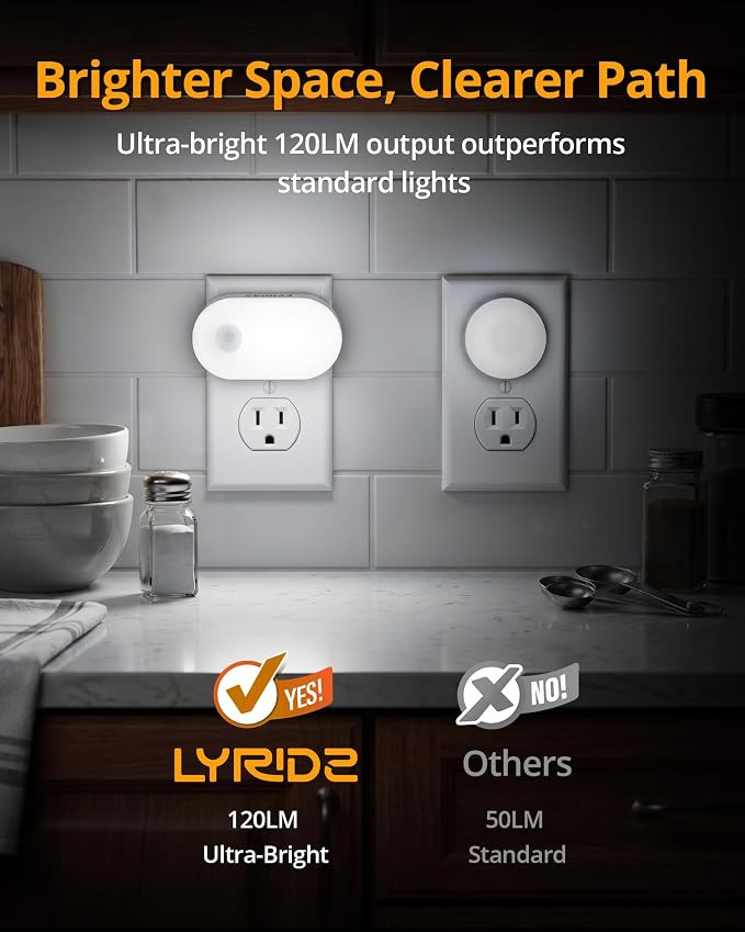 Lyridz 120LM Ultra Bright Plug-in Motion Sensor Night Light, Stepless Dimmable LED Nightlight, Always-On and Auto-Off, for Hallway, Stairs, Bathroom, Bedroom, Garage, Cool White (6-Pack)
