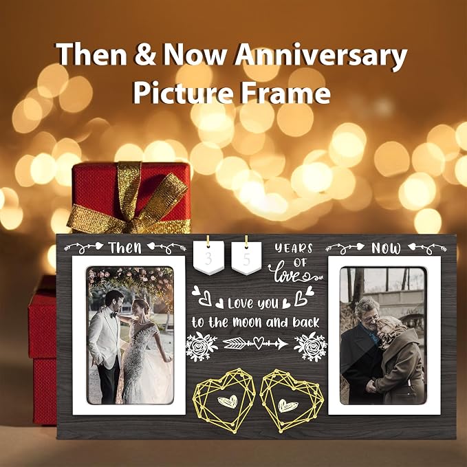 Then & Now Anniversary Picture Frame - 1-99 Years Anniversary Wedding Gift for Couple, Engagement Bridal Shower, Gifts for Couples Wood Photo Frame Holds Two 4x6 Inches Photos-Black