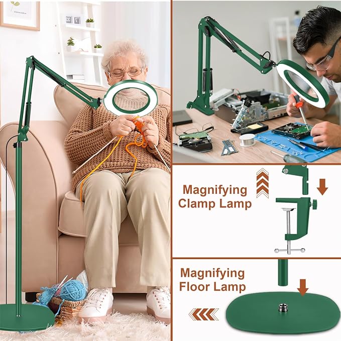 LANCOSC 15X Magnifying Glass with Light and Stand, 3-in-1 Adjustable Swing Floor Lamp, 5 Color Modes Stepless Dimmable, LED Lighted Hands Free Magnifier & Clamp for Reading, Crafts, Painting - Green