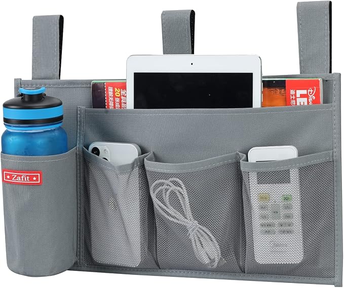 Zafit Hanging Bedside Caddy, Bedside Storage Organizer for Magazine, Phone, Remote control (5 Pockets-Grey)