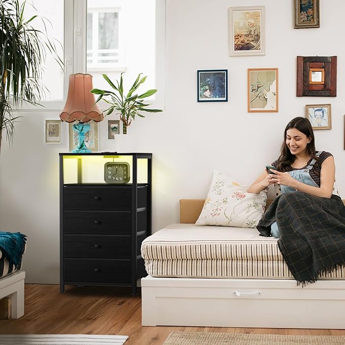 BOLUO Tall Night Stand with Drawers, Black Nightstand with Charging Station and LED Light, Small White 4 Drawer Dresser for Bedroom, Room Storage Closet