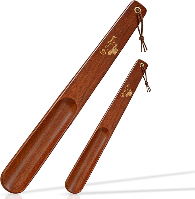Wooden Shoe Horn Set, 15'' Long Handle for Seniors & Adults, 10.25'' Short Shoe Spoon for Kids, 2-Pack Boot Horn