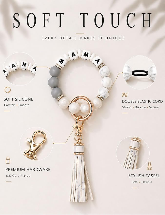 BAOSIWA Silicone Beaded Bracelet Keychain Wristlet Key Ring Bangle Chains for Women with Leather Tassel