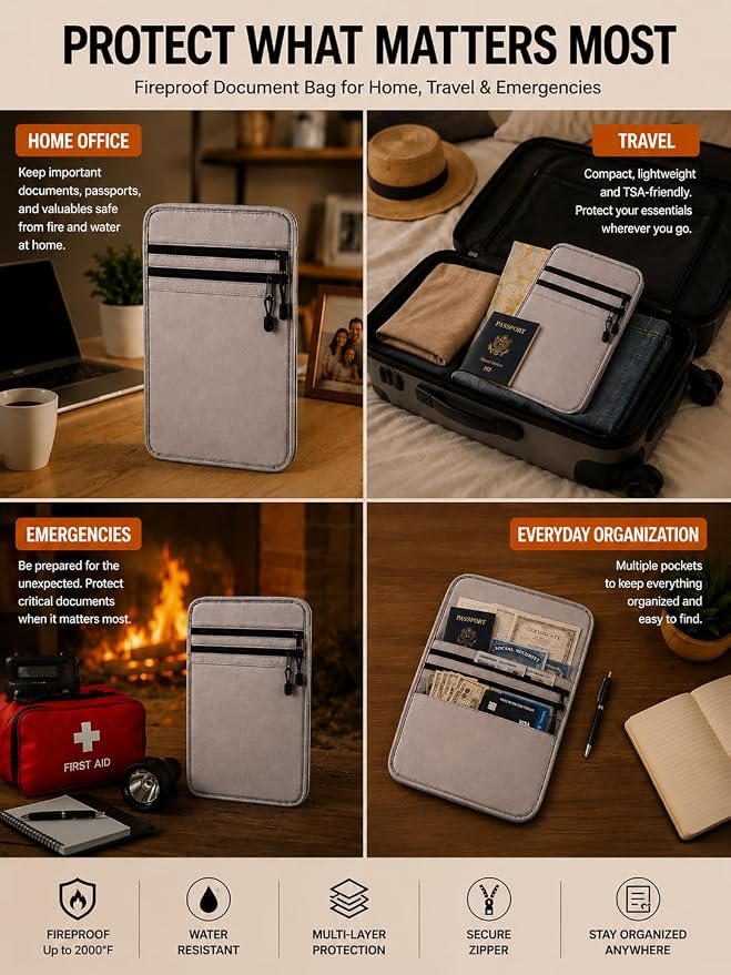 Mondoshop Fireproof Document Bag 2000°F, 15x11" Cash & Passport Organizer