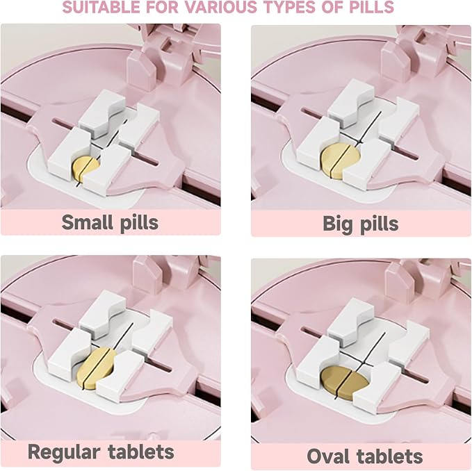 Pill Cutter with Water Cup, 1/4 Pill Splitter for Small and Large Pills Precision Quarter Cutter Splitter with Dispenser, 3-Compartment Storage | Stainless Steel Blade (Pink)