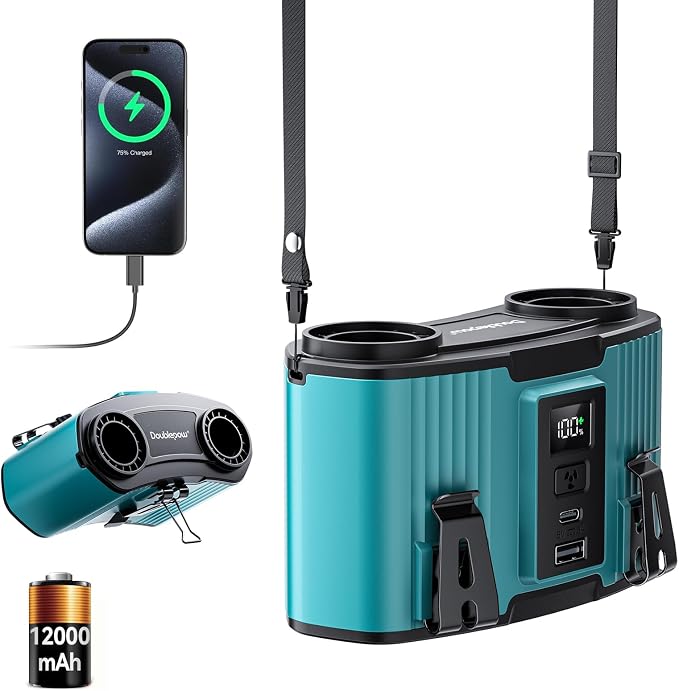 Doublepow 12000mAh Portable Waist Fan, Personal Waist Fan, Dual Air Ducts Motors, USB Rechargeable Clip On Belt for Working, 10 Speeds & 23H Wearable Neck Cooling, for Outdoor, Work, Travel (Blue)