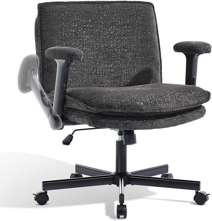 Criss Cross Chair with Flip-Up Arms and Lockable Wheels, Plush Fabric Cross Legged Office Desk Chair,Wider 125°Tilting Adjustable Swivel Computer Chair for Home, Apartment, Bedroom,Black
