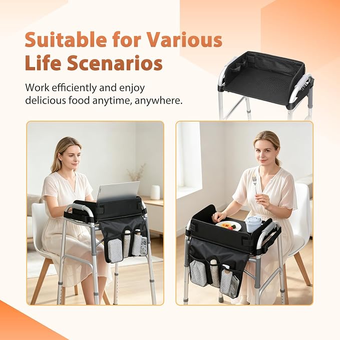 Tray for Walkers for Seniors with Cup Holder - Walker Accessories 【w/Pockets, Cup Holder & Non Slip Mat for Food】Mobility Trays Fits Most Standard Folding Walkers, Removable & Easy Assembly