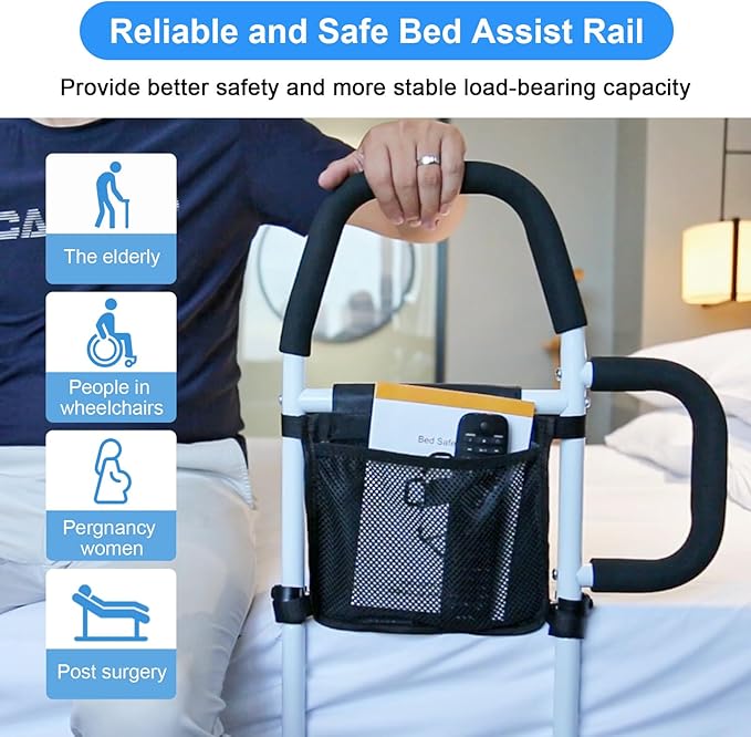 Bed Rails for Elderly Adults Safety-Bed Assist Rail with Double Grab Bars & Fall Prevention Guard & Storage Pocket Fits King, Queen, Full, Twin, Support Up to 300lbs,Height 25.6'' (Double Grab Bars)