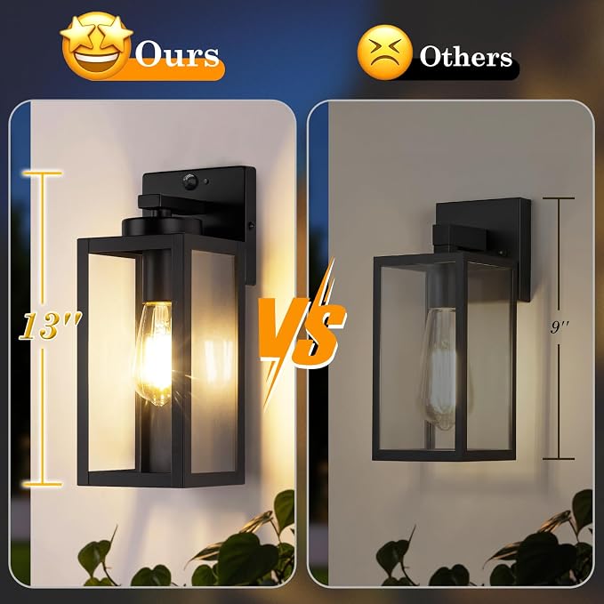 Upgraded Motion Sensor Outdoor Wall Lights, Matte Black, 2-Pack | 3 Lighting Modes, Rust-Resistant, Quick & Easy Installation, Waterproof & Weatherproof, Thick Clear Glass & Durable Metal