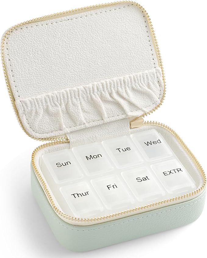 Genuine Leather Travel Pill Organizer Box Case 1 Times a Day for Purse for Women, Cute Medicine Pill Holder Containers for Vitamin Small Weekly Daily 7 Day Am Pm Pill Organizer(Mint Green)