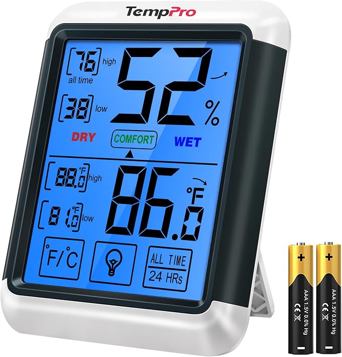 TempPro TempAir Digital Indoor Hygrometer Thermometer with Touchscreen | 4-Inch Temperature/Humidity Monitor with Backlit, Room Thermometer/Humidity Meter for House Home Greenhouse