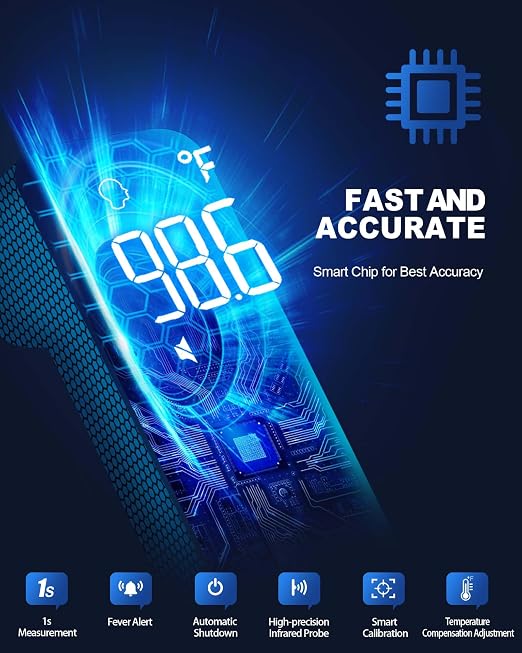 Non-Contact Forehead Thermometer for Adults and Kids, 1 Second Result | Accurate Reading with Large Display, Mute Mode, Memory Recall, Fever Alarm, Easy to use for Home & Hospital