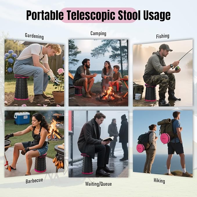 Doseno Collapsible Stool, Portable Stool, Foldable Collapsible Seat, Pink | Retractable foldable stool spans 2.4-17.5 in; portable seat with carry strap for fishing, hiking, camping, BBQ and travel.