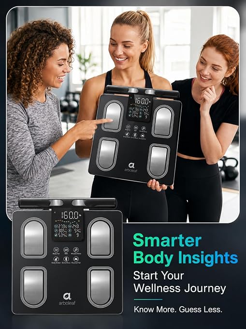 Arboleaf 8-Electrode Body Composition Scale, 5.3" Eye-Level Handle Display, 50+ Metrics Smart Fat Scale for Body Weight, Bluetooth App Sync, 400lb Capacity for Home Gym, Black