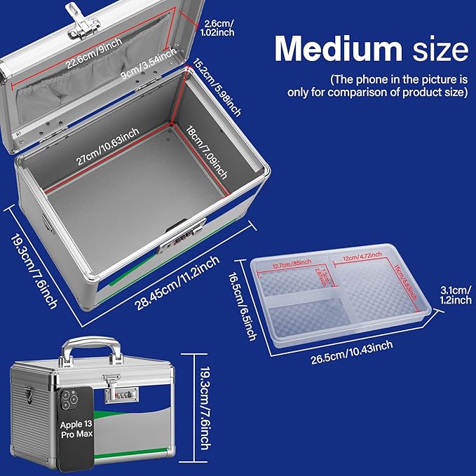 Medicine Lock Box with Combination Lock - 11.2 x 7.6 x 7.6 Inches - First Aid Safe Medication Storage Box, Medications and Personal Items, Safe Boxes for Home and Outdoor - Silver