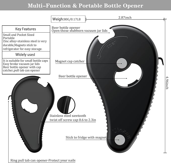 Multifunctional Bottle/Jar and Can Opener,Twist-Off Plastic Water Bottle,Pull Tab Soup,Magnet Beer Opener,for Weak Hands,Seniors,Elderly,Rheumatoid Arthritis,Lid Seal Remover (Black)