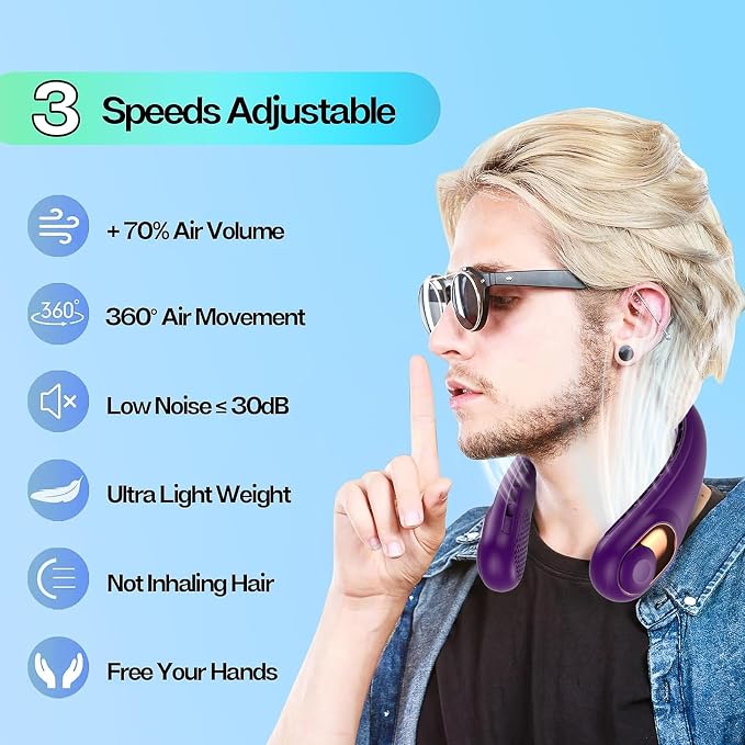 KIDEE Portable Neck Fan, 4000mAh Rechargeable, 360° Airflow, Hands Free Bladeless Wearable Fan, 2 Pack, Purple