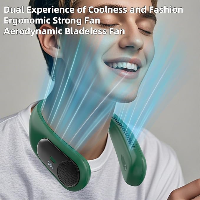 Portable Neck Fan, Personal Wearable Bladeless Fan for Outdoor Indoor, LED Display, 360° Cooling, 4-Speeds, 6000mAh USB Rechargeable, Birthday Gifts for Men Women Dad Mom (Dark green)