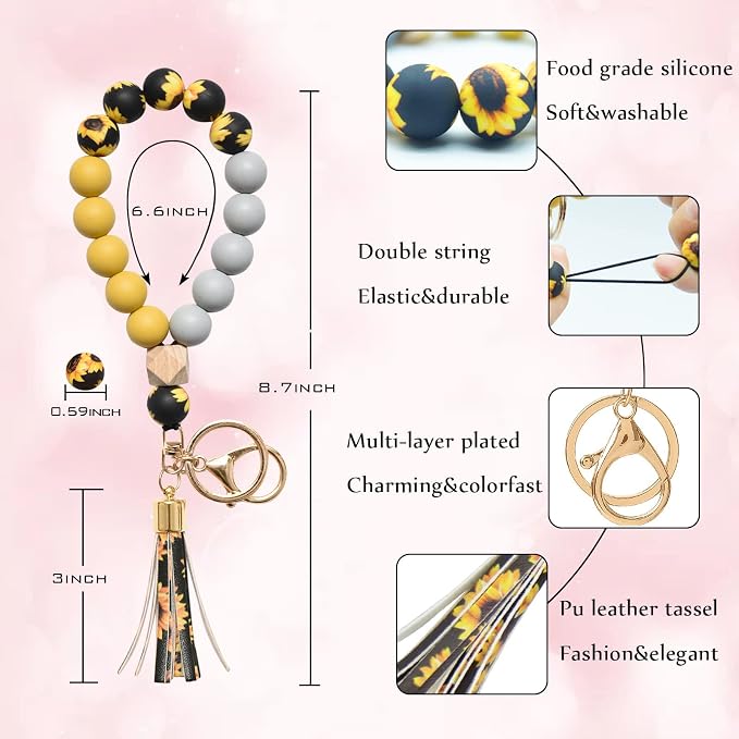 BAOSIWA Silicone Key Ring Bracelet Wristlet Keychain Unique Beaded Bangle Key Chains for Women with Leather Tassel
