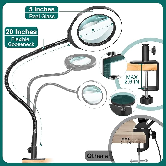 IVMAIE 15X Magnifying Glass with Light and Clamp, 5 Inch Real Glass Magnifying Desk Lamp with Stand, Long Gooseneck, 5 Color Modes Lighted Magnifier Hands Free for Crafts Painting Jewelry Close Work