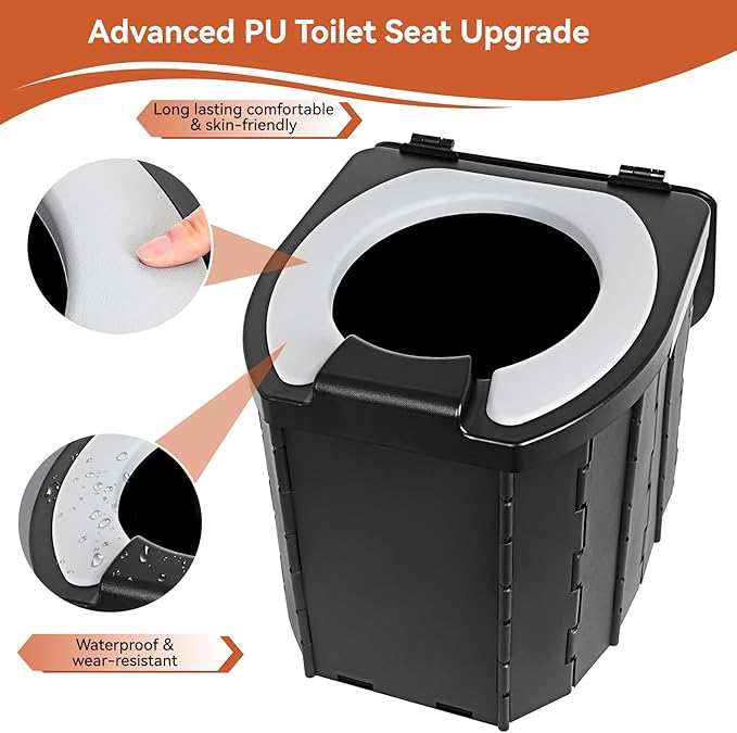 Portable Camping Toilet Upgraded Soft Camp Toilet Seat with Paper Holder- Travel Potty Perfect for Emergency Preparedness, Backcountry, Car, Boat, Road Trips. (BLACK)