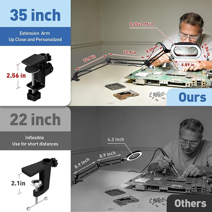HITTI 12X Square Ultra Long Magnifying Glass with Light and Clamp | Hands Free Lighted Magnifier Stand, 5 Colors & Stepless Dimming LED Desk Lamp for Workbench, Repair, Crafting, Painting-Red