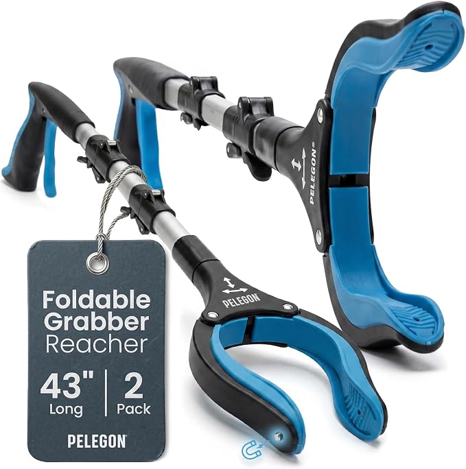 Pelegon Grabbers for Seniors Heavy Duty, 43 Inch Heavy Duty Grabber Reacher Tool, Foldable Long Reach Grabber with 90° Rotating Head, Magnetic Tips, Rubberized Grips, Aluminum Pick Up Tool - 2 Pack
