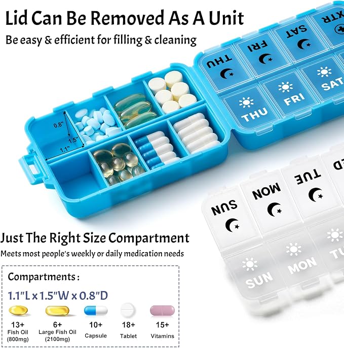 Foldable Weekly Pill Organizer 2 Times a Day with 2 Extra Compartments (Clear Printed Labels) - Portable 7 Day AM PM Medicine Box, Week Daily Travel Pill Case Holder for Vitamin, Supplement - Blue