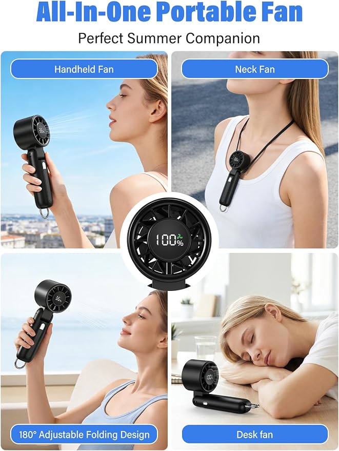 AI Handheld Fan Turbo, 100-Speed Portable Fan Rechargeable, Mini Fan with 12800 RPM Strong Airflow, Foldable 4-in-1 Personal Fan for Travel, Camping, Beach & Office, USB-C & Lightweight & Quiet