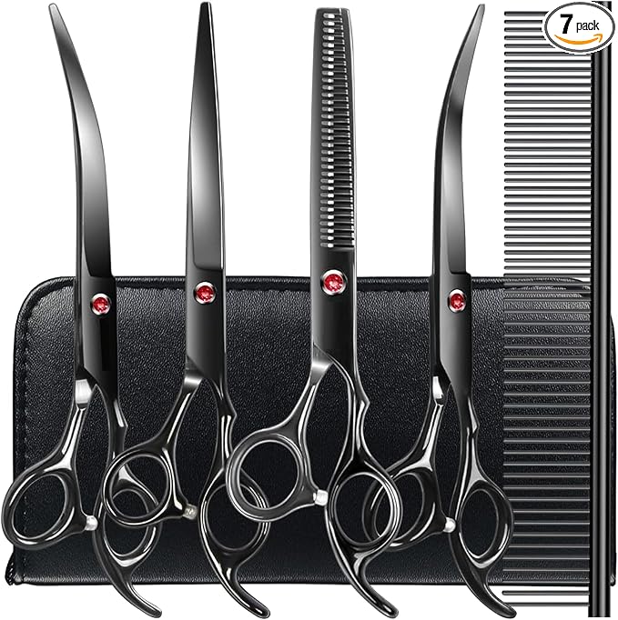 TINMARDA Dog Grooming Kit, Titanium Black Stainless Steel Dog Grooming Scissors with Curved Shears, Black Finger Rings - 5 Piece Sharp Durable Pet Shears for Dogs Cats At Home Salon-Quality Grooming